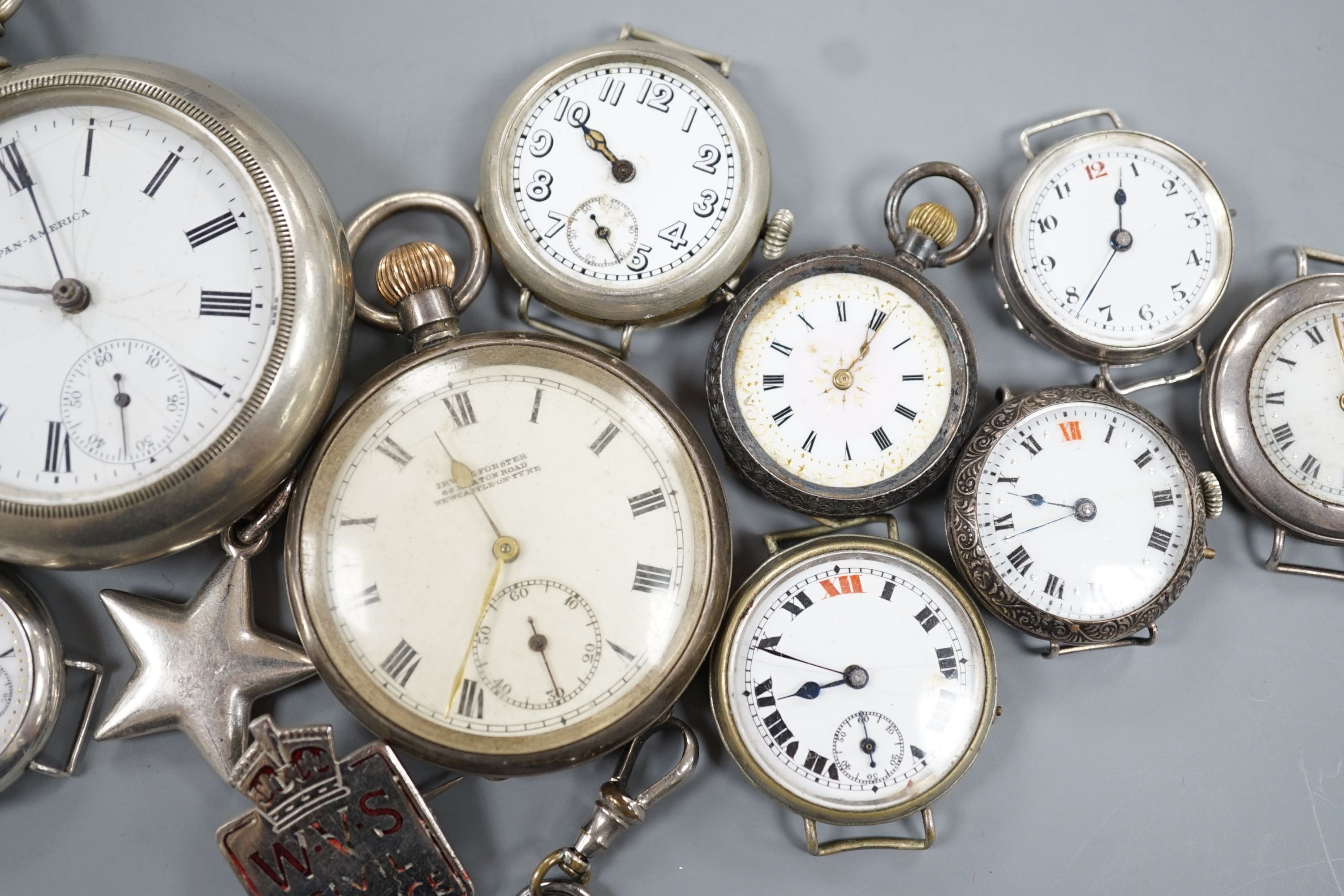 Four assorted early 20th century silver wrist watches, a silver fob watch, two base metal wrist watches, brooch, pendant and two pocket watches including one silver open face.